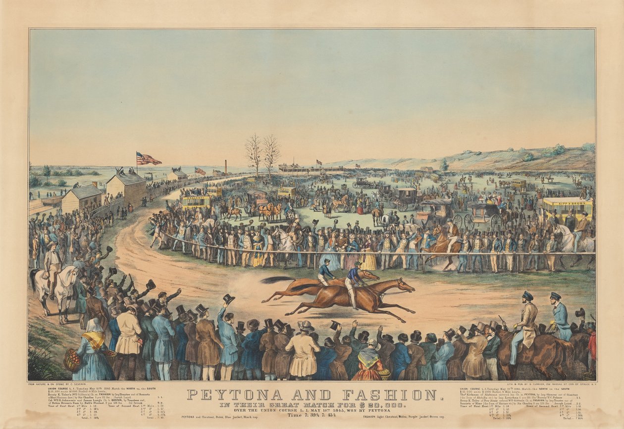 Peytona i Fashion: w ich świetnym meczu o 20 000 $. Over the Union Course L.I. 13 maja. 1845, wygrana przez Peytonę. Godzina 7:39 3/4, 7:45 1/4 autorstwa after Charles Severin