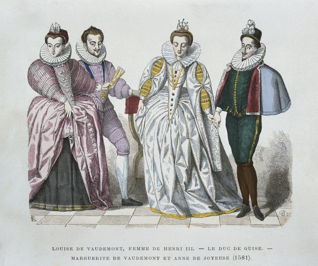 Louise of Lorraine-Vaudemont (1553-1601), żona Henryka III, księcia Guise (1549-88), Marguerite of Vaudemont (1564-1625) i Anne of Joyeuse (1561-87) autorstwa after Chevignard