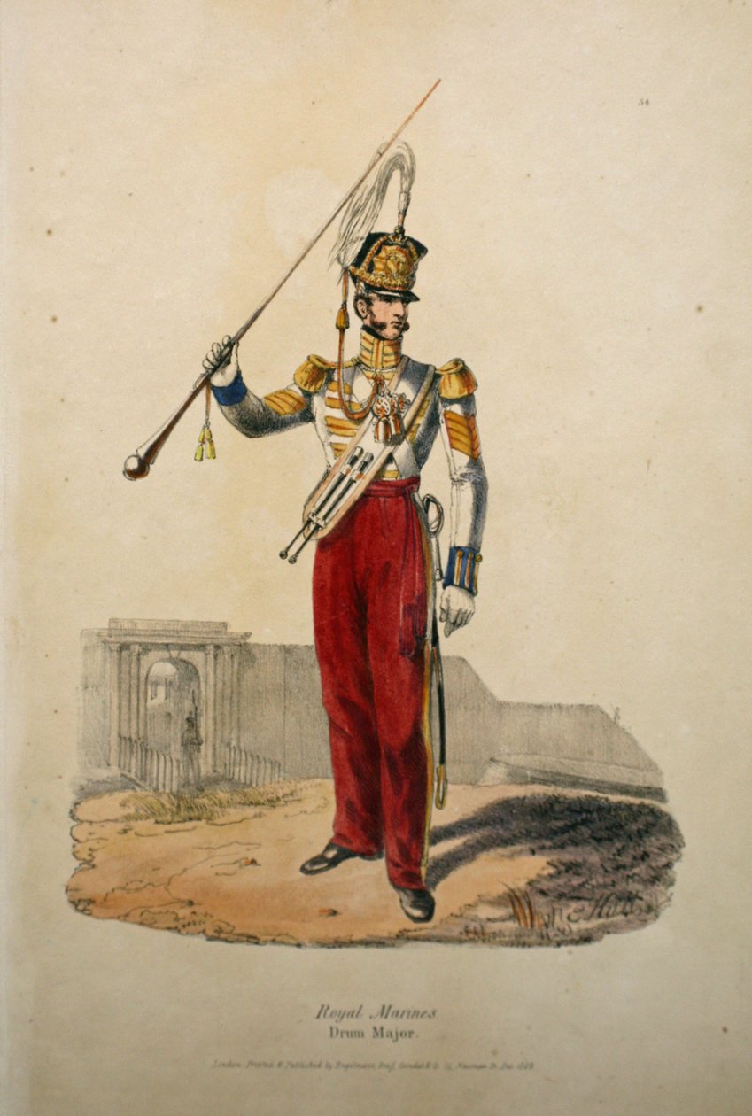 Royal Marines Drum Major, c.1829 (ręcznie barwiony litho) autorstwa after Edward Hull