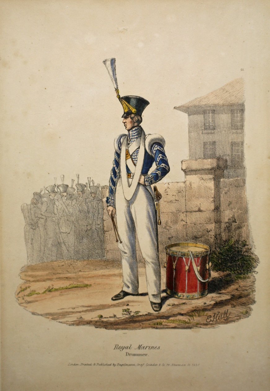 Royal Marines Perkusista, c.1829 (ręcznie kolorowana lito) autorstwa after Edward Hull