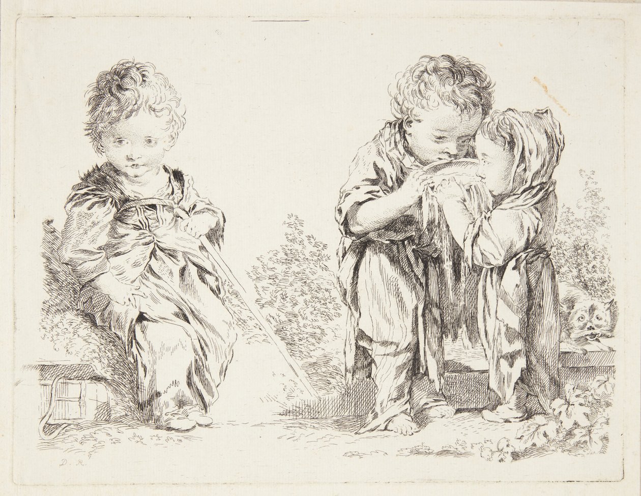Dziecko siedzące na grudce ziemi i Mali pijący mleko autorstwa after Francois Boucher