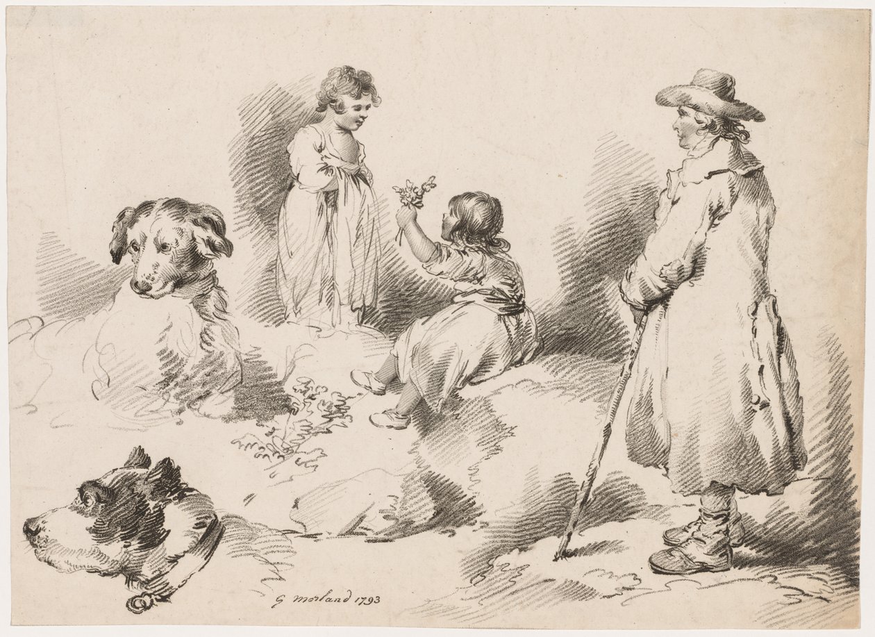 Studia nad dziećmi (dwie małe dziewczynki); Dwa psy; Mężczyzna autorstwa after George Morland