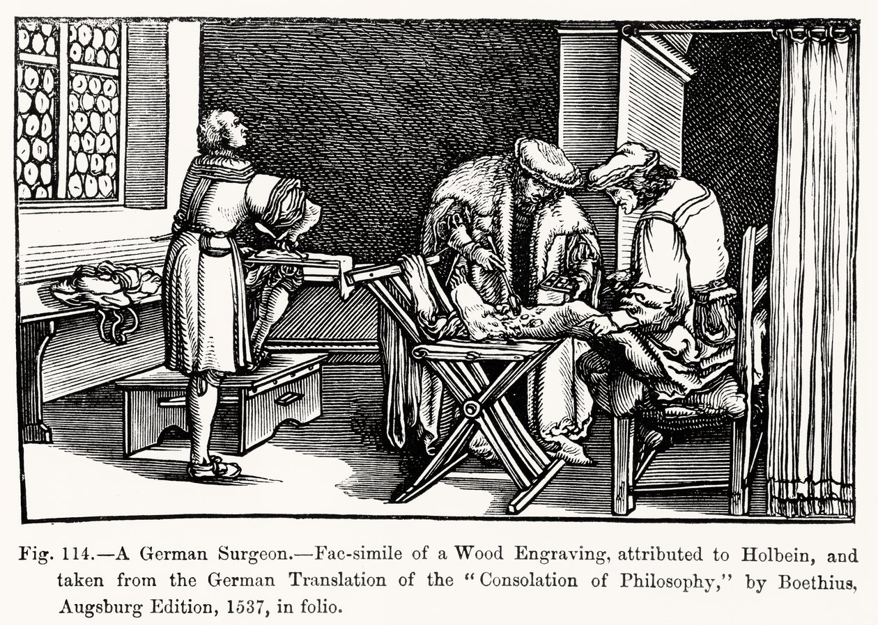 Niemiecki chirurg z Pocieszenia filozofii Boecjusza, ilustracja z Nauki i literatury w średniowieczu i renesansie, napisana i rytowana przez Paula Lacroix, 1878 (bw ph autorstwa after German School