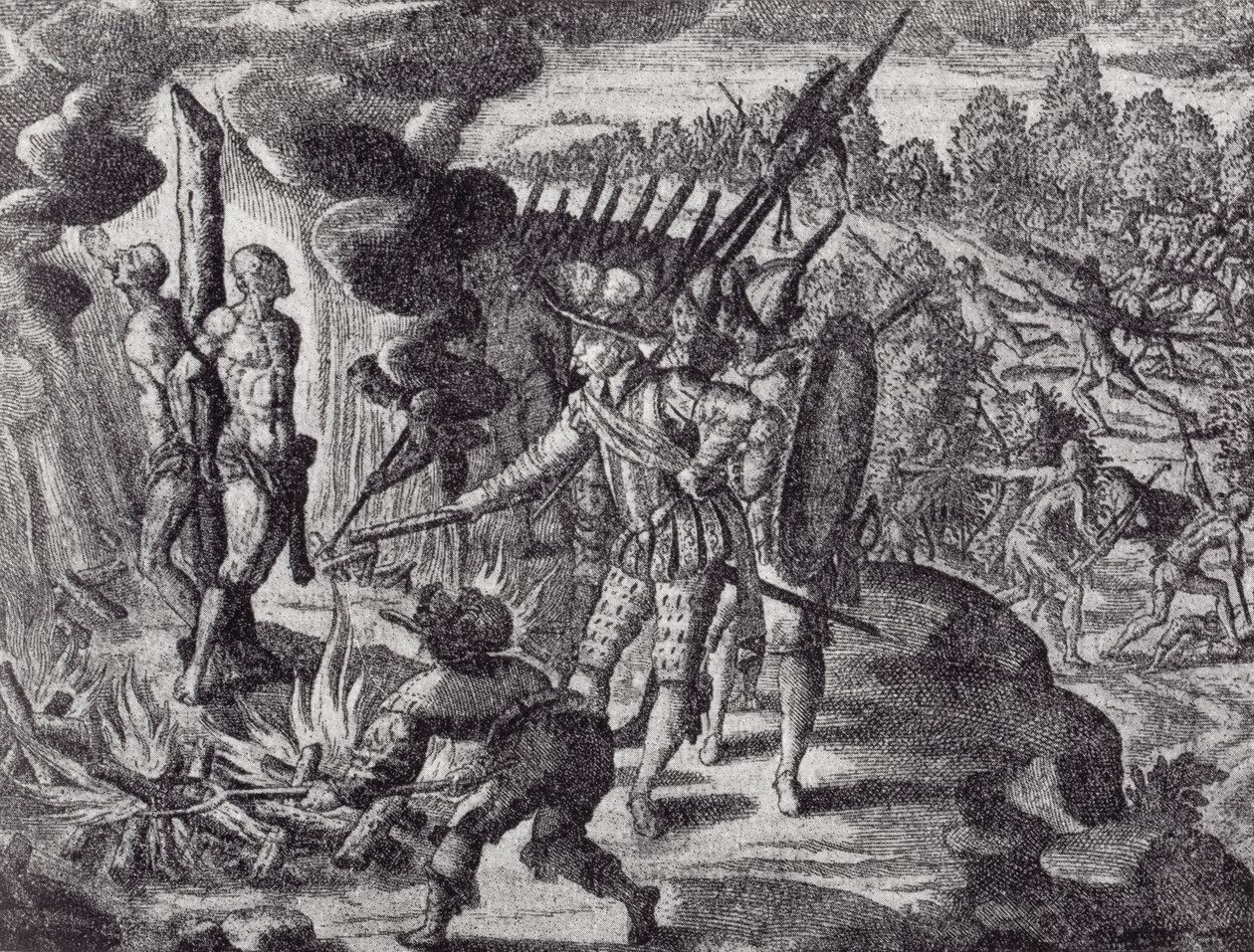 Zemsta Hiszpanów za śmierć Ayolas, z Gottfrieds Historia Antipodum, wyd. w 1655, z Romans of the River Plate, t. I, WH Koebel, 1914 autorstwa after German School