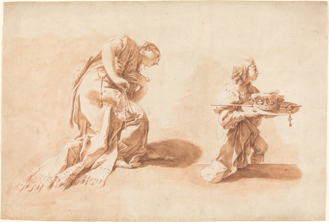 Klęcząca kobieta z kadzielnicą i pazią trzymającą koronę i berło autorstwa after Giovanni Battista Pittoni the younger Anton Kern