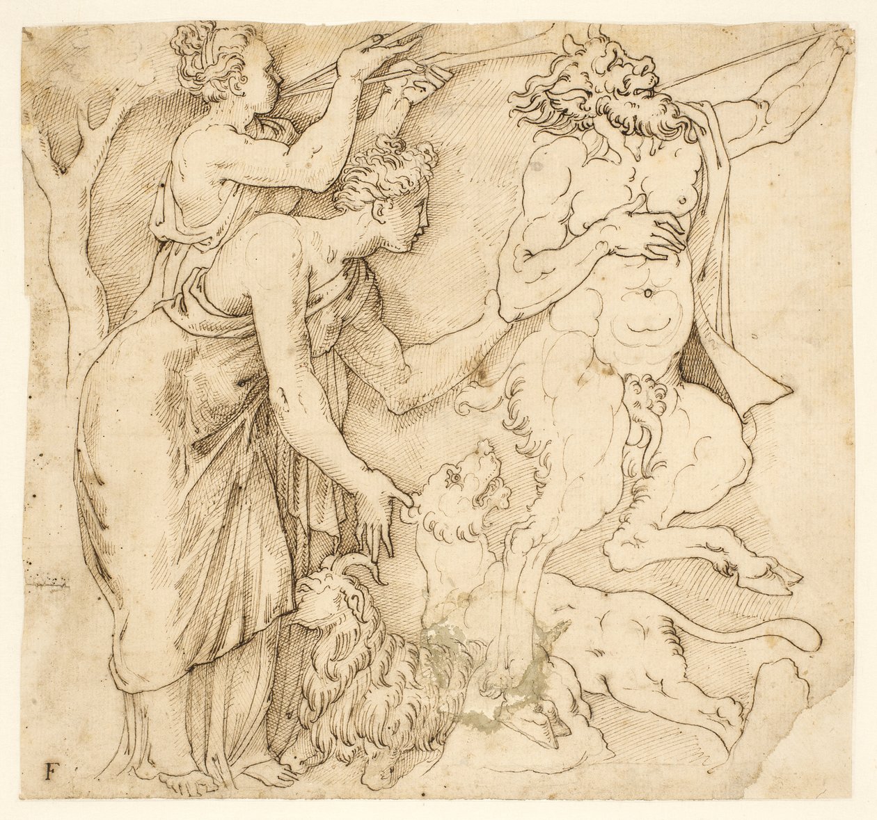 Satyr, dwie kobiety, lew i koza autorstwa after Giulio Romano