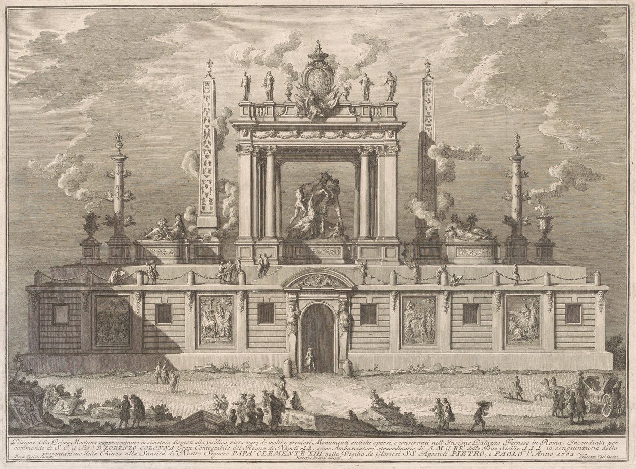 Prima Macchina dla Chin z 1762 r.: Byk Farnese i inne antyki z Palazzo Farnese autorstwa after Giuseppe Palazzi Giuseppe Vasi after Paolo Posi
