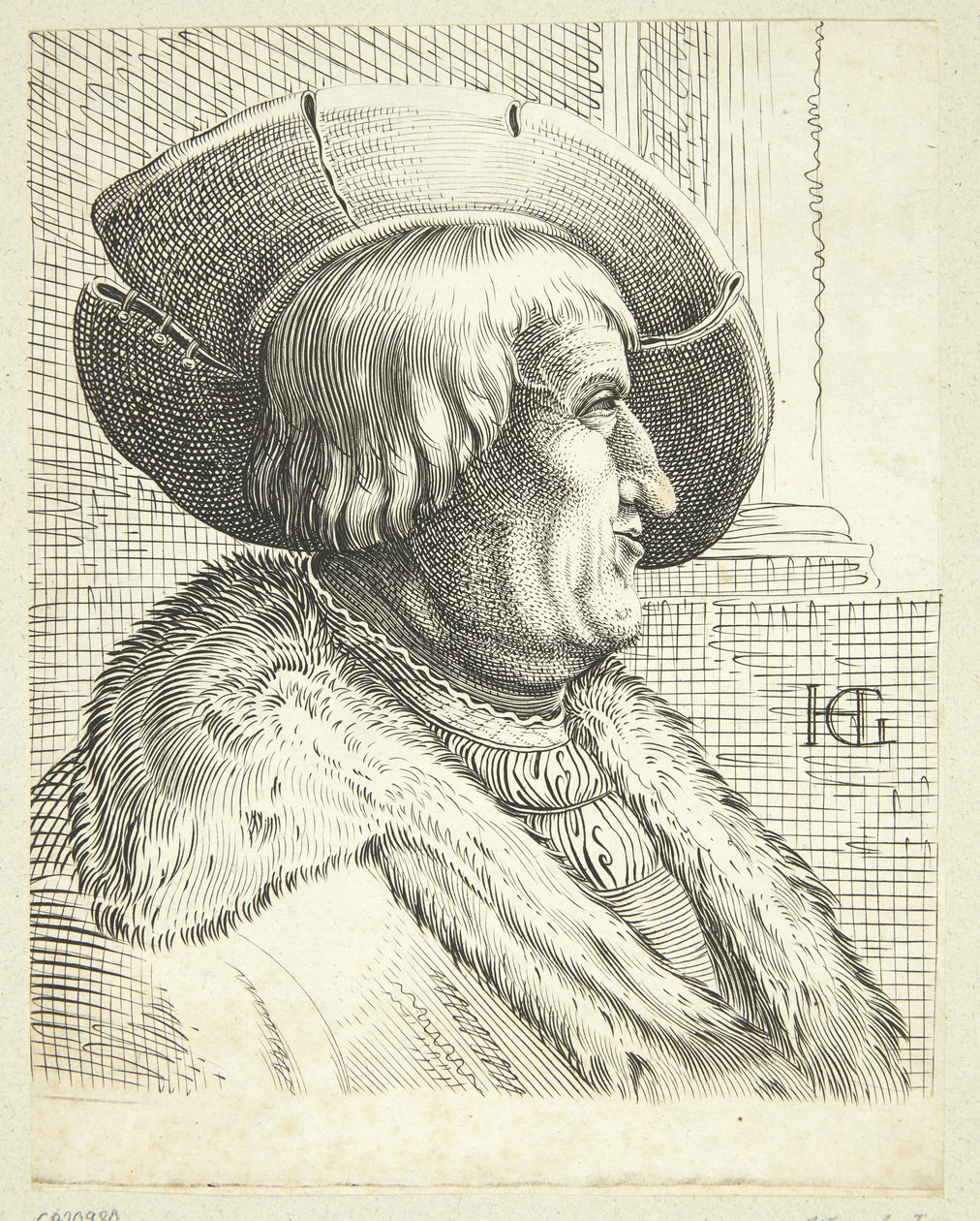 Fantasy portret starego mężczyzny w kapeluszu w profilu autorstwa after Hendrick Goltzius