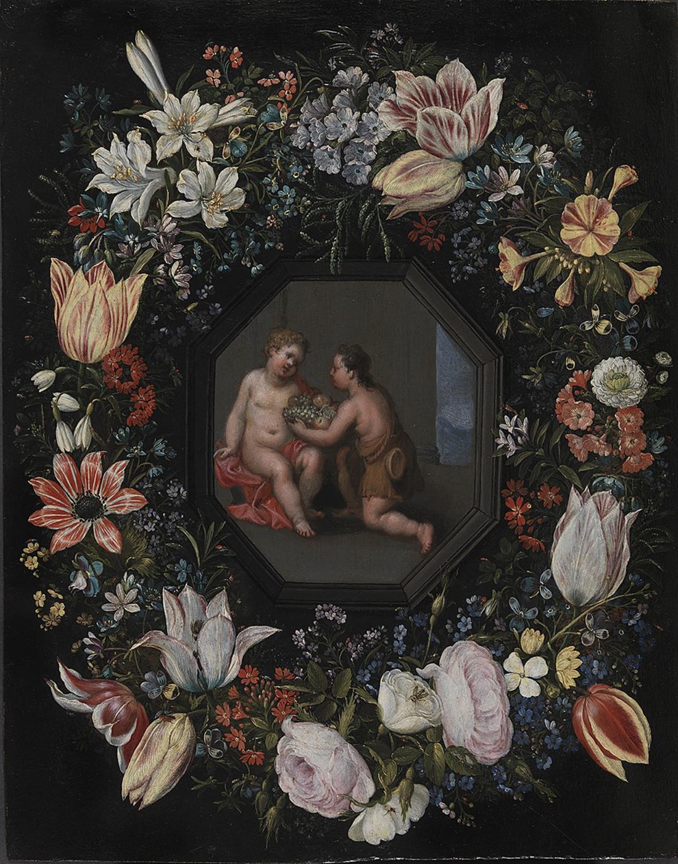 Wianek z kwiatów z Jezusem i Dzieciątkiem Jan autorstwa after Hendrik van Balen d.Æ.