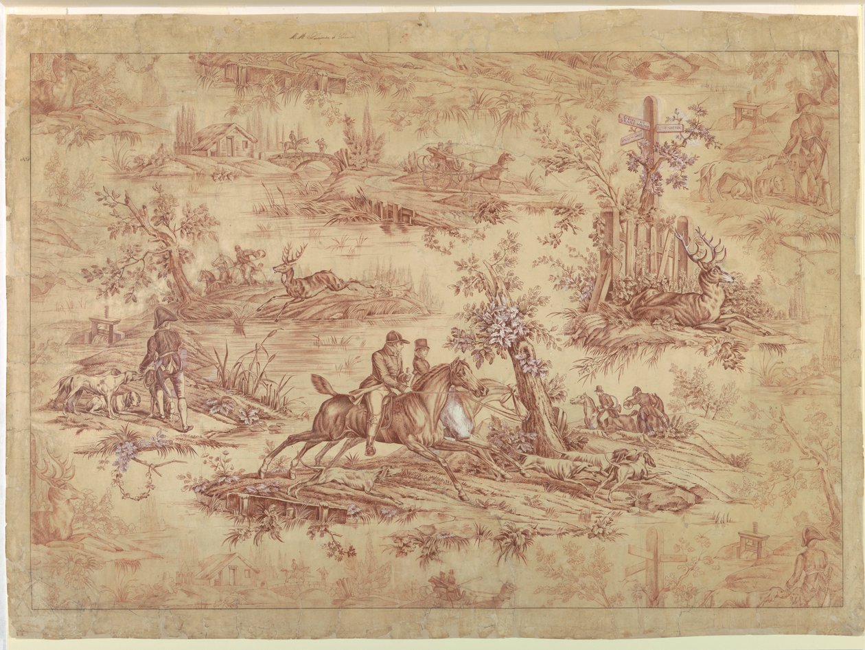 Kreskówka dla bawełnianych tkanin drukowanych, La Route de Jouy autorstwa after Horace Vernet
