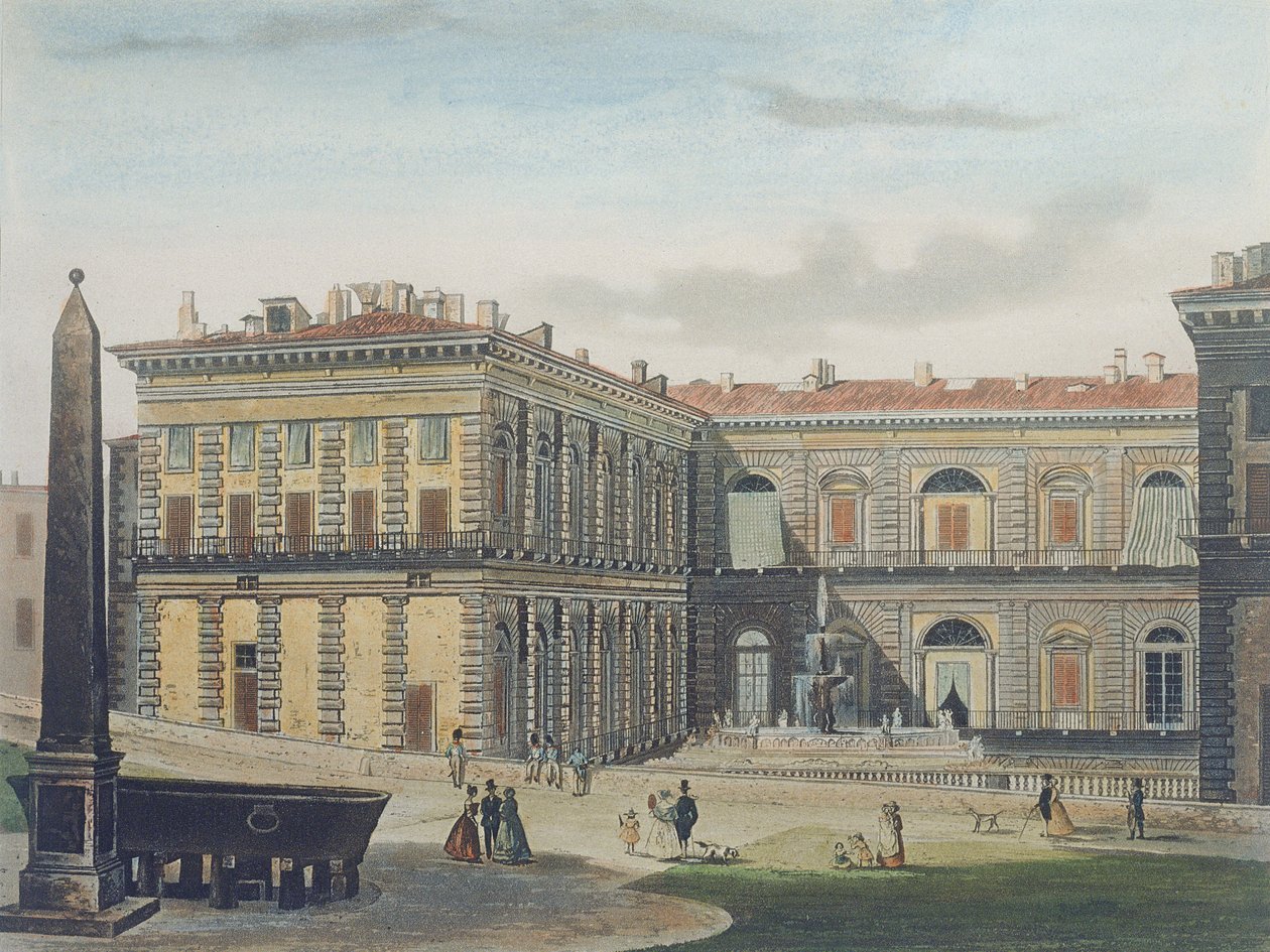 Wewnętrzny dziedziniec Palazzo Pitti, Florencja, rytowany przez Johanna Falkeisena (1804-83) i kolorowany przez L. Cherbuina, ok. 1842 (akwatinta) autorstwa after Italian School