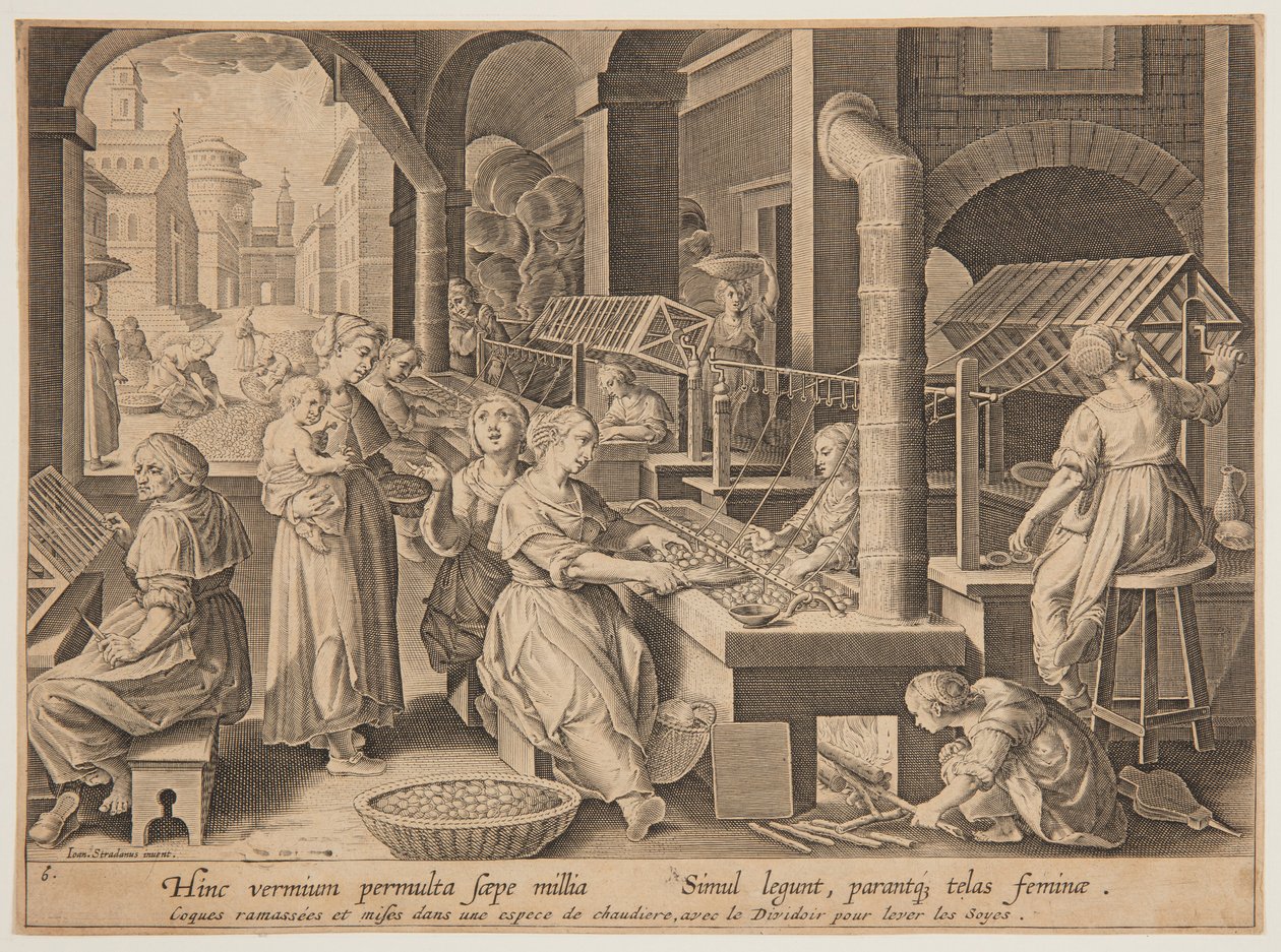 Rozwijanie jedwabnych kokonów autorstwa after Jan van der Straet, called Stradanus
