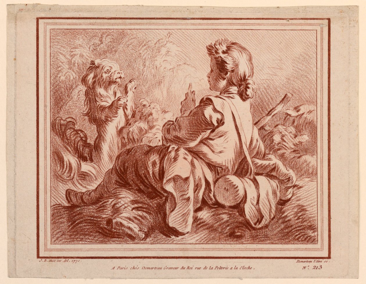 Siedzący pasterz bawiący się z psem autorstwa after Jean Baptiste Huet
