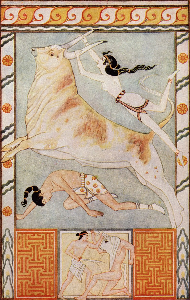 The Bull Baiters, ilustracja z „Mity of Crete and Pre-Hellenic Europe” Donalda A. Mackenzie, opublikowana w 1917 roku autorstwa after John Duncan