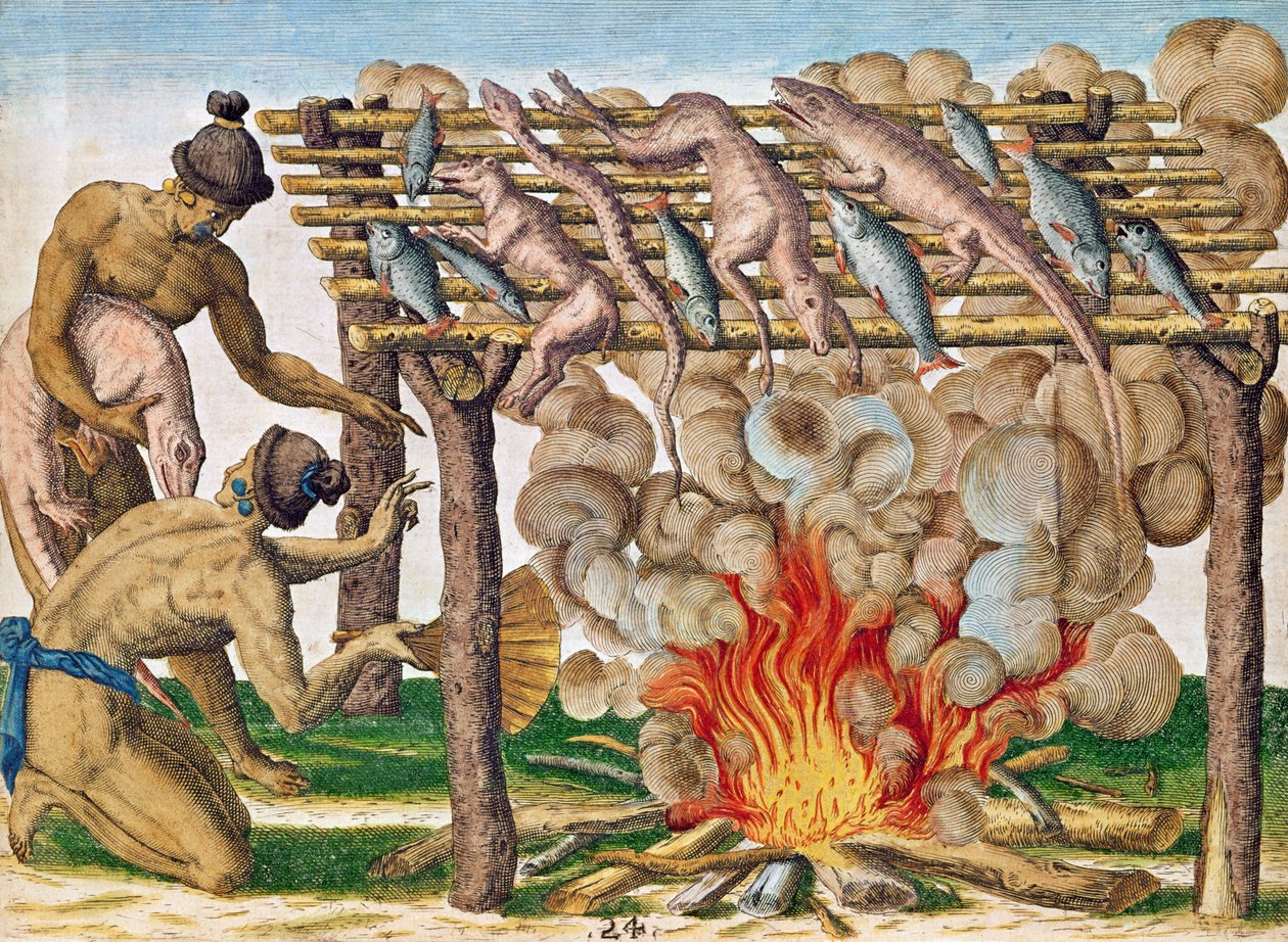 Jak grillować zwierzęta, z „Brevis Narratio...”, wydanej przez Theodore de Bry, 1591 autorstwa after Le Moyne, J.Bry