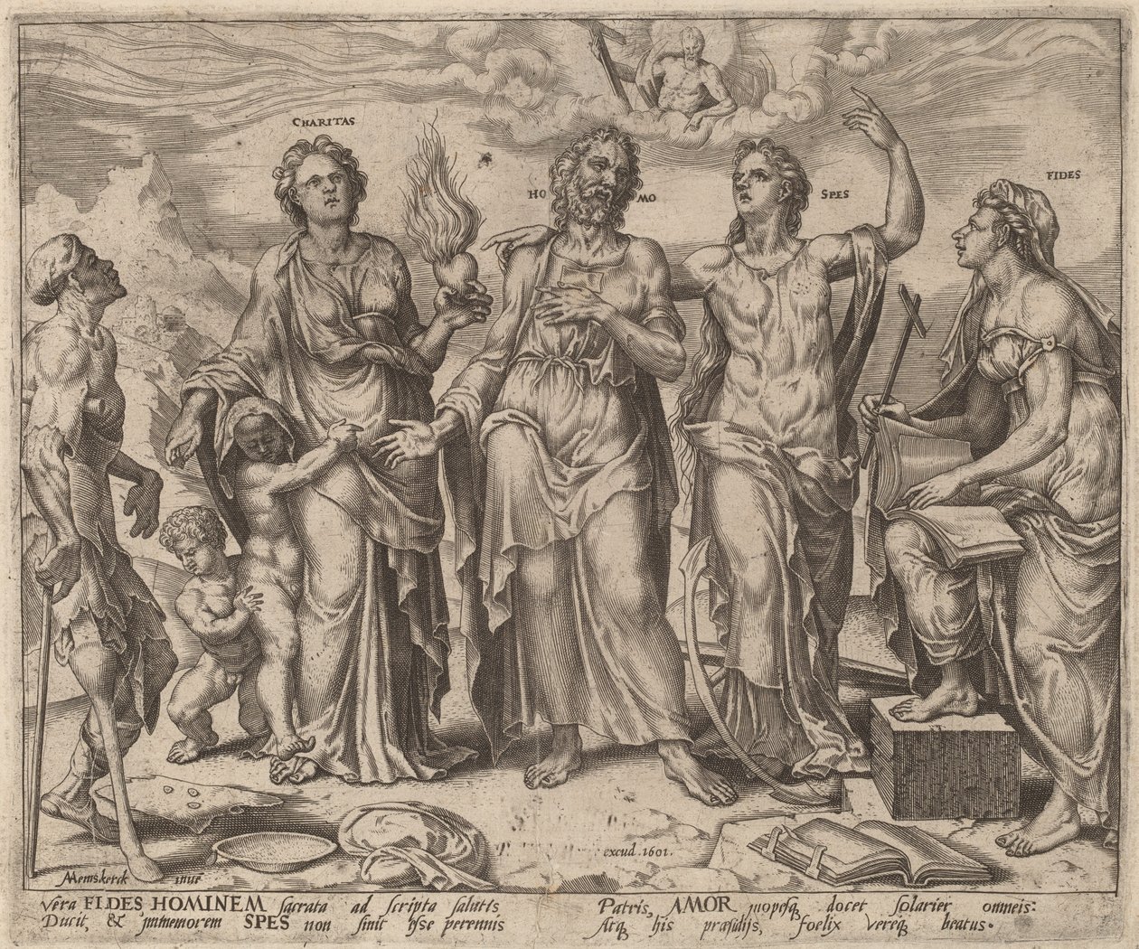 Człowiek wspomagany wiarą, nadzieją i miłością autorstwa after Maerten van Heemskerck