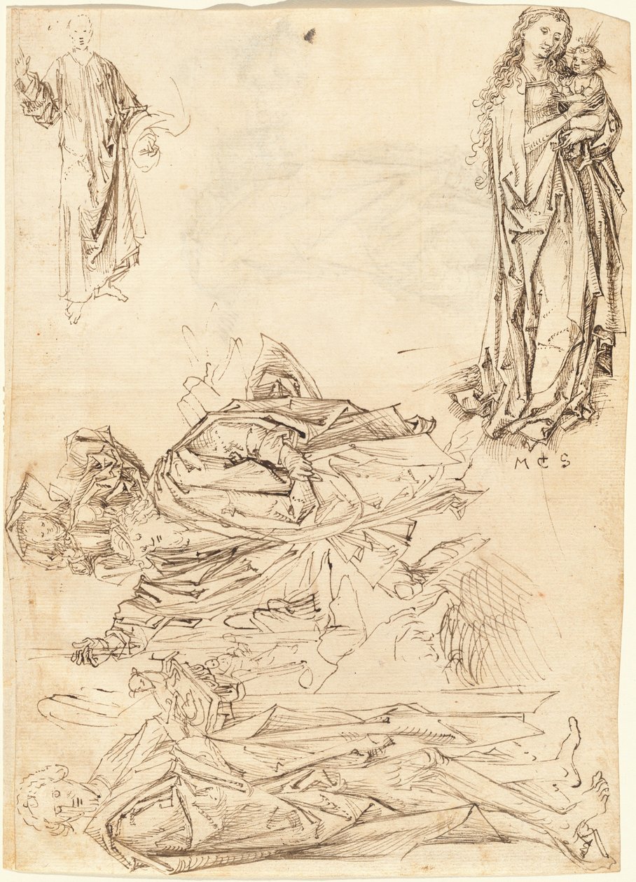Św. Krzysztof, Św. Jan Chrzciciel, Dziewica z Dzieciątkiem i Chrystus Błogosławieństwo (recto) autorstwa after Martin Schongauer Master of the Drapery Studies