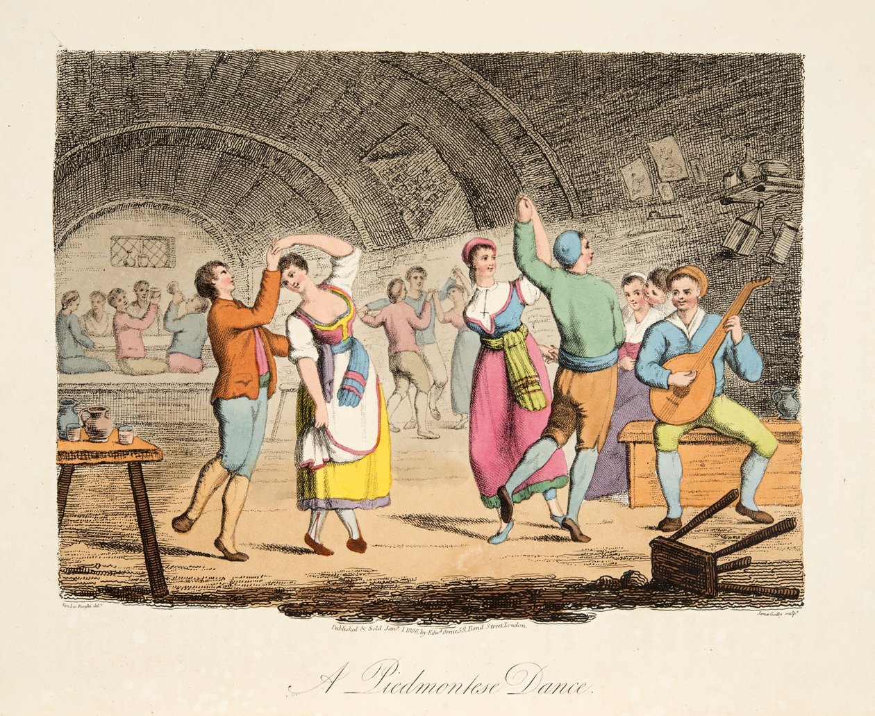 A Piedmontese Dance, z Italian Scenery, przedstawiający maniery, zwyczaje i rozrywki różnych stanów Włoch, pub. 1806 (rycina ręcznie kolorowana) autorstwa after P. van Lerberghi