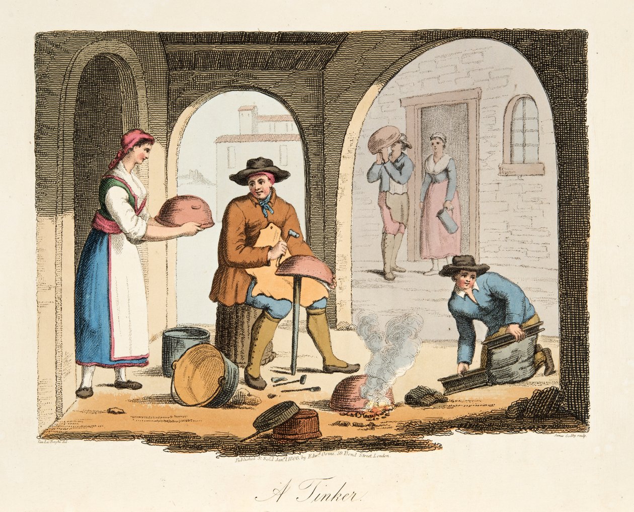 Wędrowny druciarz, z włoskiej scenerii, reprezentujący maniery, zwyczaje i rozrywki różnych stanów Włoch, wyd. 1806 (grawerowanie ręcznie kolorowane) autorstwa after P. van Lerberghi