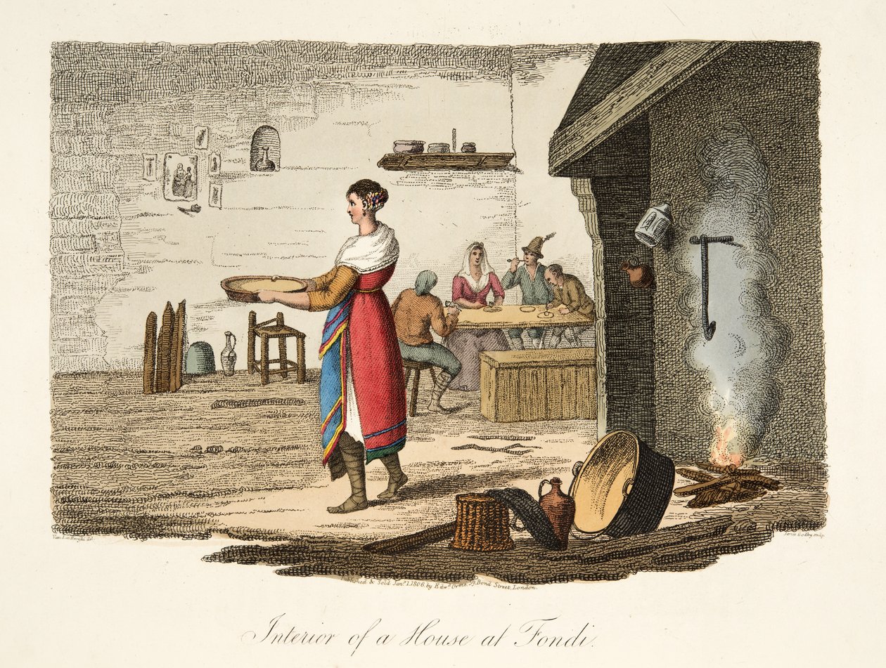 Wnętrze domu w Fondi, z włoskiej scenerii, przedstawiającej maniery, zwyczaje i zabawy różnych stanów Włoch, wyd. 1806 (grawerowanie ręcznie kolorowane) autorstwa after P. van Lerberghi