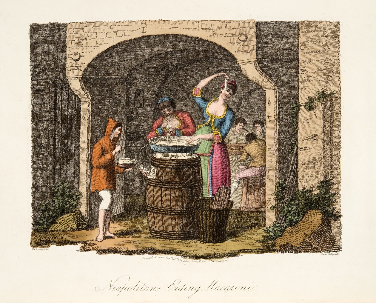 Neapolitańczycy jedzący makaron, z Italian Scenery, przedstawiający maniery, zwyczaje i rozrywki różnych stanów Włoch, pub. 1806 (rycina ręcznie kolorowana) autorstwa after P. van Lerberghi