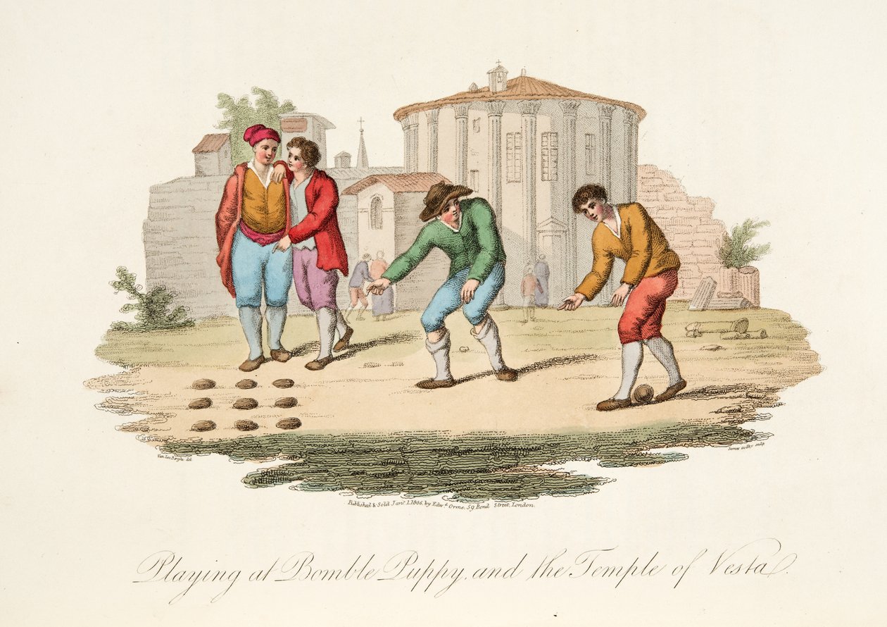 Zabawa w Bomble Puppy i Świątynia Vest, z Italian Scenery, reprezentujących maniery, zwyczaje i rozrywki różnych stanów Włoch, pub. 1806 (rycina ręcznie kolorowana) autorstwa after P. van Lerberghi