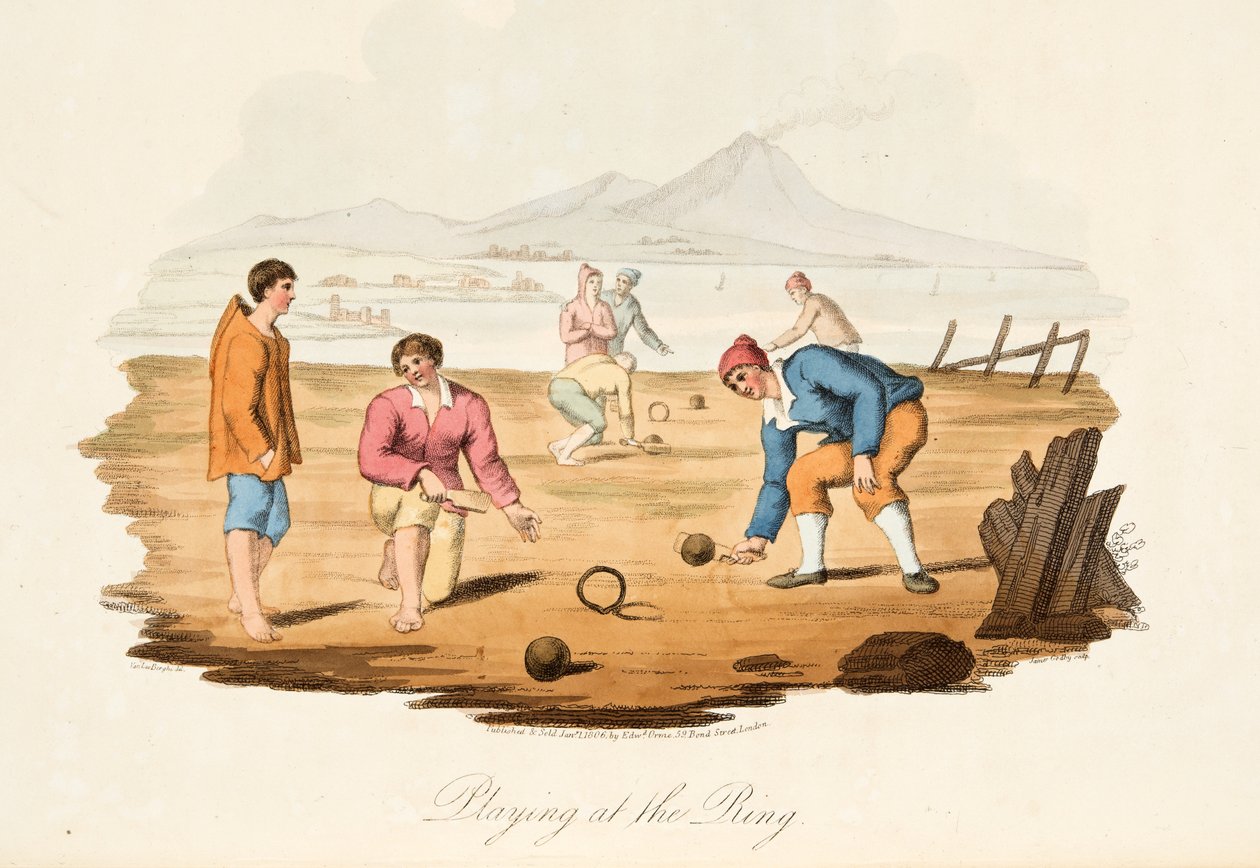 Playing at the Ring, z włoskiej scenerii, reprezentujący maniery, zwyczaje i zabawy różnych stanów Włoch, wyd. 1806 (grawerowanie ręcznie kolorowane) autorstwa after P. van Lerberghi