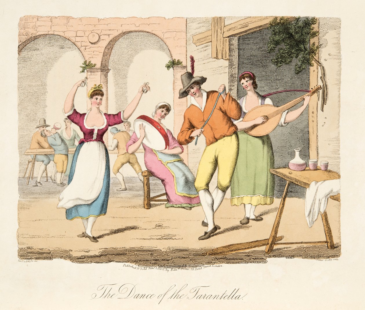 Taniec Tarantelli, z włoskiej scenerii, przedstawiający maniery, zwyczaje i zabawy różnych stanów włoskich, wyd. 1806 (grawerowanie ręcznie kolorowane) autorstwa after P. van Lerberghi