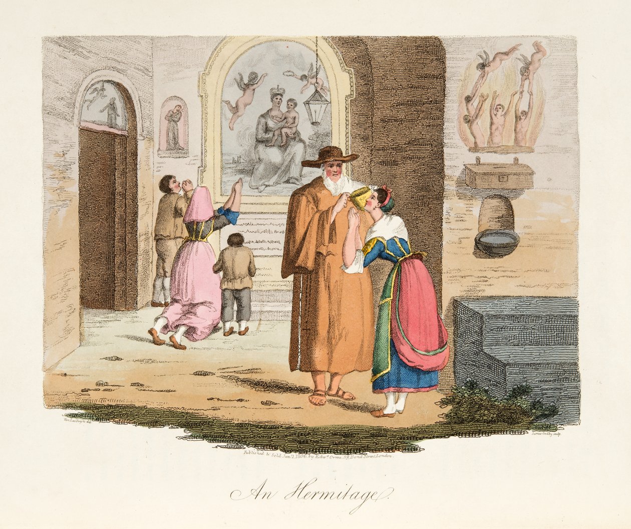Pustelnia w Kapui, z Italian Scenery, przedstawiająca obyczaje, zwyczaje i rozrywki różnych stanów Włoch, pub. 1806 (rycina ręcznie kolorowana) autorstwa after P. van Lerberghi