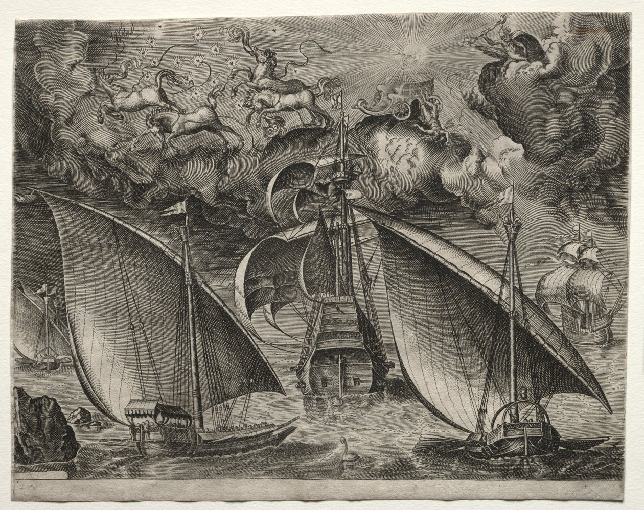 Żaglowce: dwie galery płynące za uzbrojonym trójmistrzem z Faetonem i Jowiszem na niebie autorstwa after Pieter Bruegel