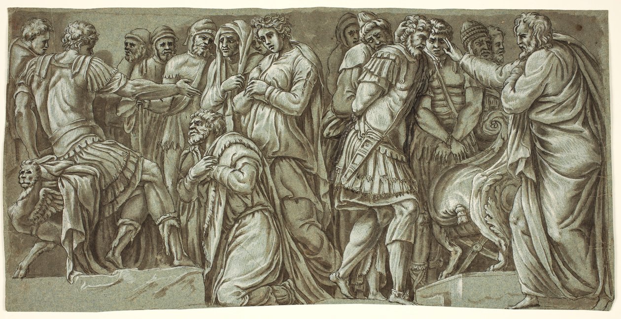 Rodzina Dariusza przed Aleksandrem i scena z więźniami; z fasady Palazzo Milesi autorstwa after Polidoro da Caravaggio