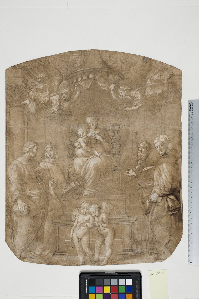 Madonna z Dzieciątkiem ze św. Piotrem, Bernardem (lub Brunonem), Jakubem, Augustynem i czterema aniołami, Madonna del Baldacchino autorstwa after Raphael