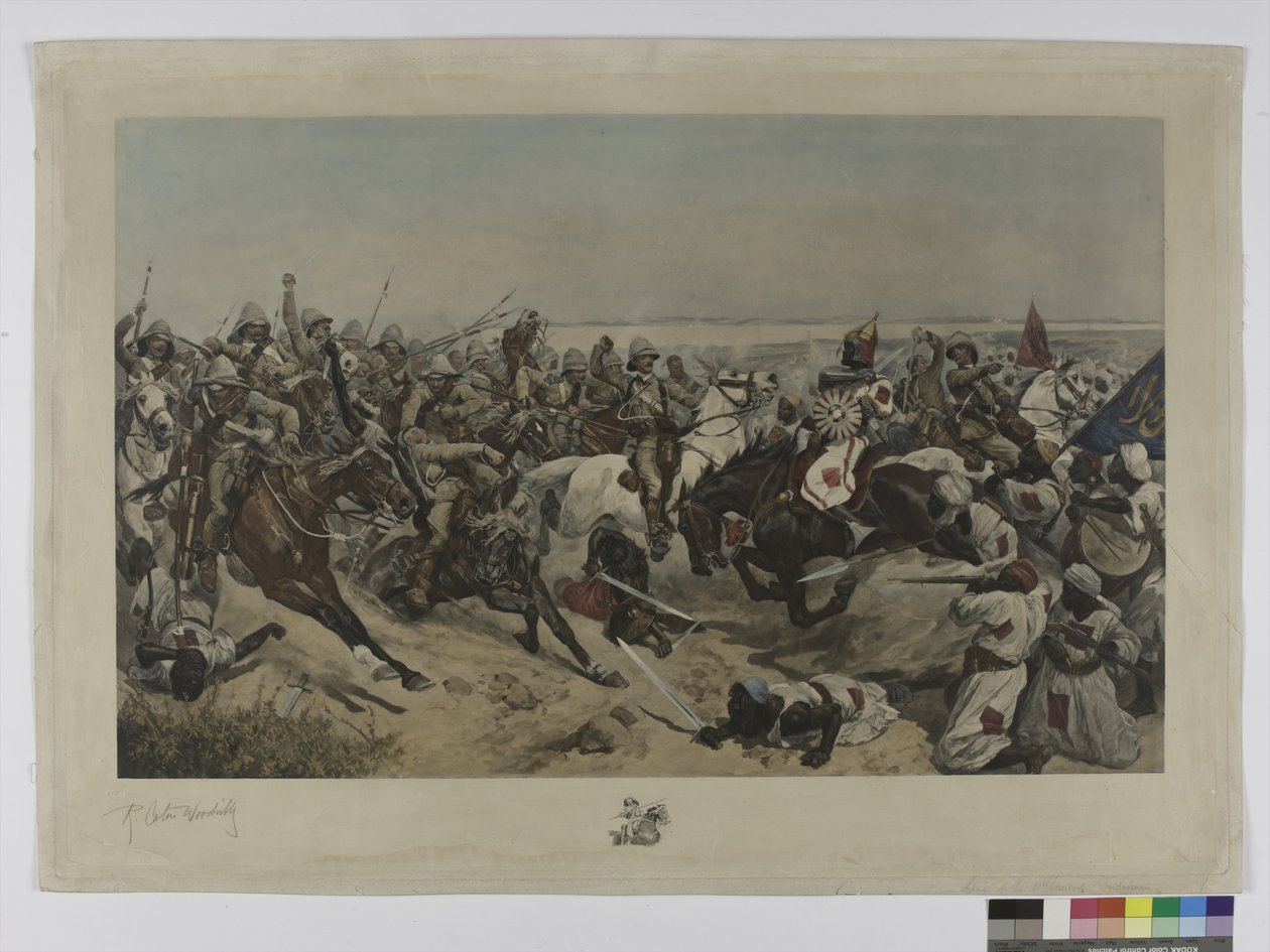 Szarża 21 ułanów w bitwie pod Omdurmanem, 1898 (kolorowa fotograwiura) autorstwa after Richard Caton II Woodville
