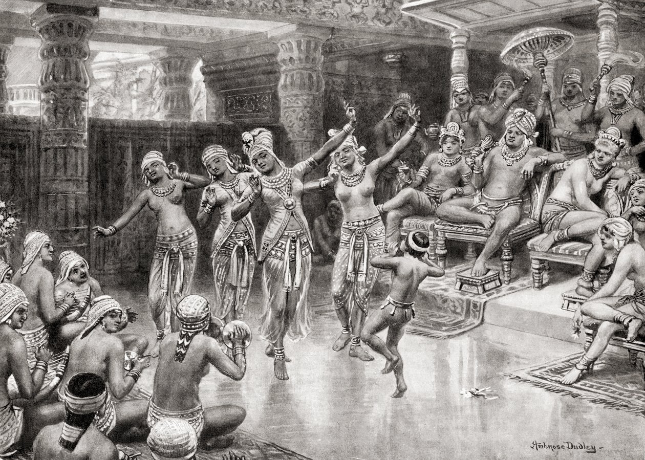 XIX-wieczny rysunek Gautamiputry Satakarani świętującego zwycięstwo nad Nahapaną, z Hutchinsons History of the Nations, pub.1915. autorstwa after Robert Dudley
