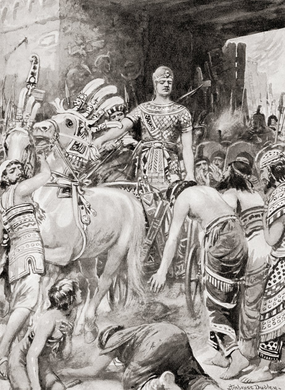 Psamtik I Egiptu wjeżdżający do miasta Azotus lub Aszdod, z Historii Narodów Hutchinsonów, wyd. 1915 autorstwa after Robert Dudley