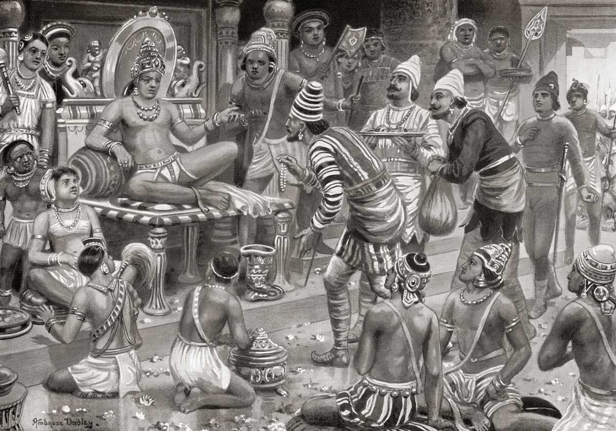 Pulakeshin II, Chalukaya, przyjmujący posłów z Persji w Badami, z Historii Narodów Hutchinsonów, wyd. 1915 autorstwa after Robert Dudley