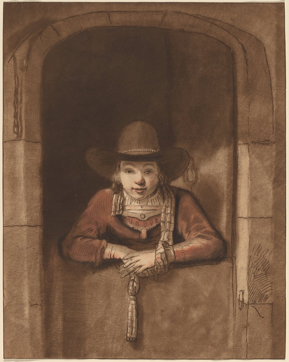 Chłopiec pochylający się nad dolnymi drzwiami autorstwa after Samuel van Hoogstraten Cornelis Ploos