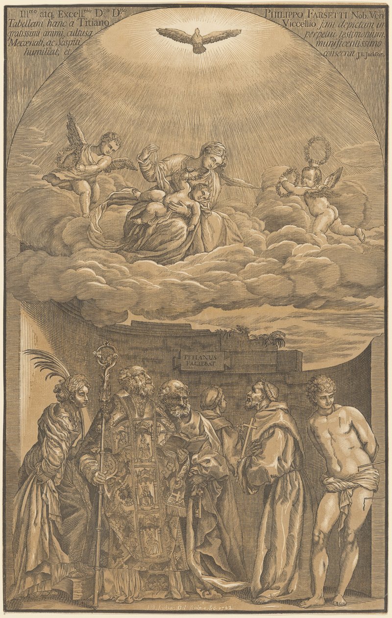 Dziewica z Dzieciątkiem w chmurach z sześcioma świętymi autorstwa after Titian John Baptist Jackson