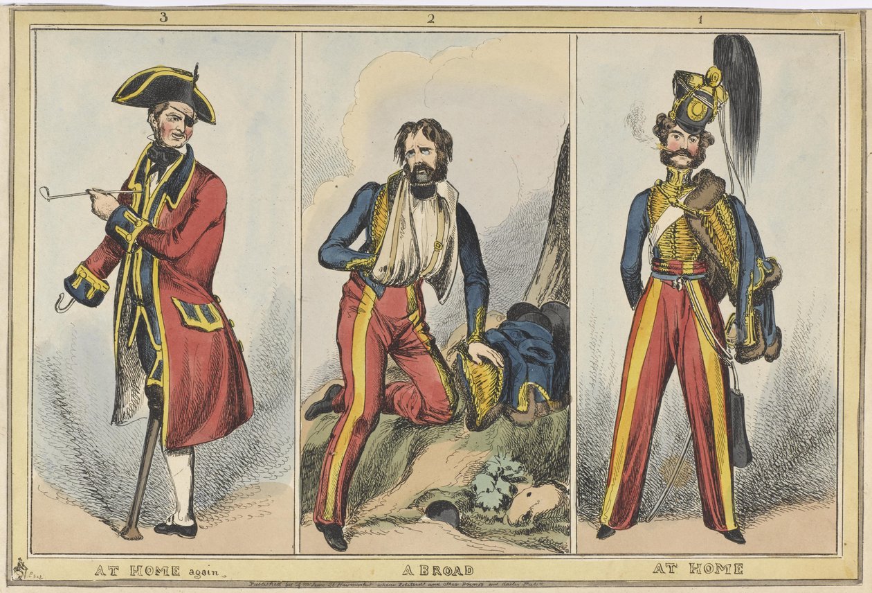 „1. W domu 2. Za granicą 3. Znowu w domu”, ok. 1830 (kolorowa akwaforta) autorstwa after William Heath