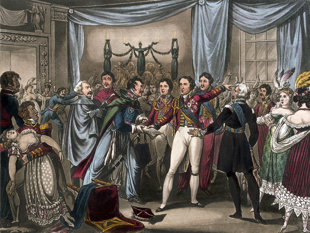 Inteligencja bitwy pod Ligny, 1818 (kolorowa akwatinta) autorstwa after William Heath