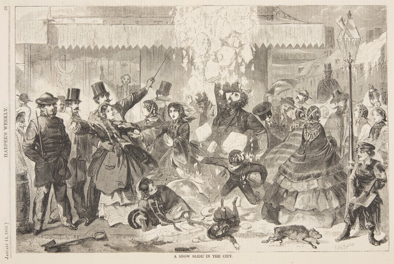 Śnieżna zjeżdżalnia w mieście autorstwa after Winslow Homer