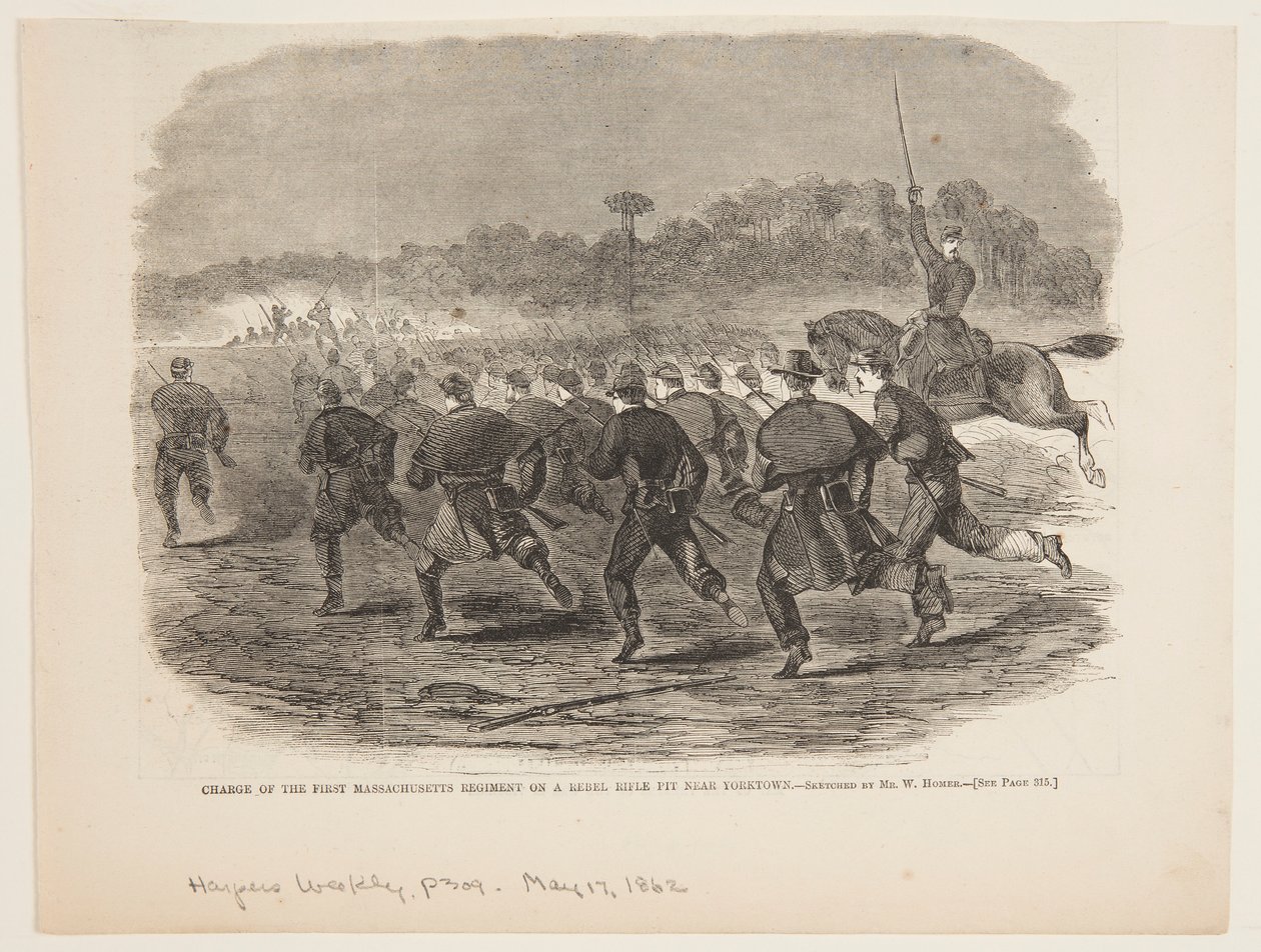 Szarża Pierwszego Pułku Massachusetts na Rebel Rifle Pit w pobliżu Yorktown autorstwa after Winslow Homer