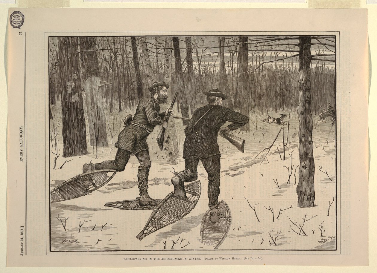 Polowanie na jelenie w Adirondacks zimą, z każdej soboty, 21 stycznia 1871, s. 57 autorstwa after Winslow Homer