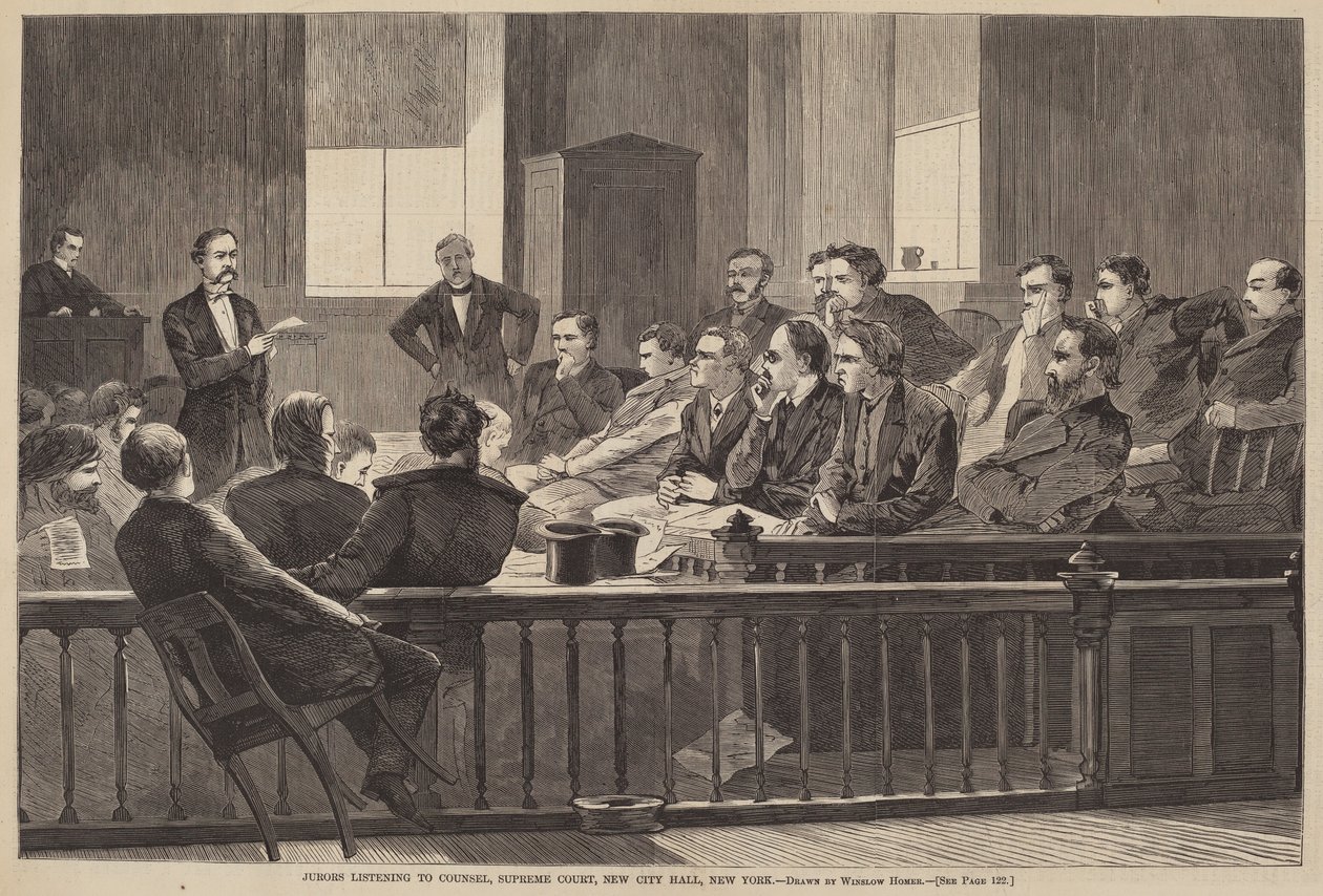 Jurorzy słuchają adwokata, Sąd Najwyższy, Nowy Ratusz, Nowy Jork autorstwa after Winslow Homer