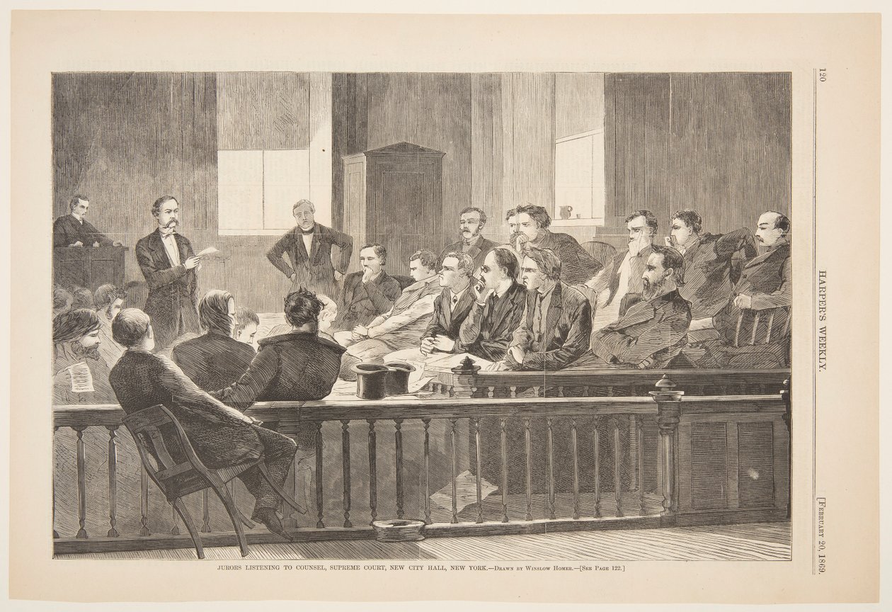 Jurorzy słuchają adwokata, Sąd Najwyższy, Nowy Ratusz, Nowy Jork autorstwa after Winslow Homer