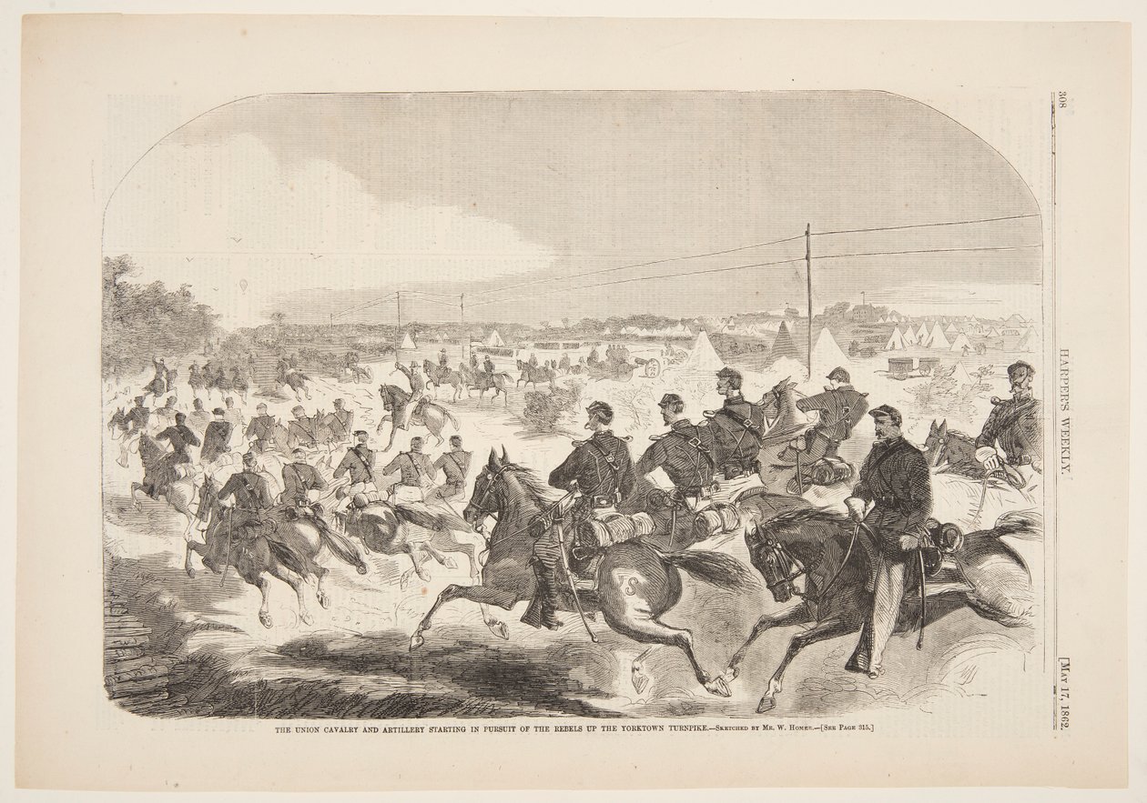 Unia kawalerii i artylerii rozpoczynająca pościg za rebeliantami w górę Yorktown Turnpike autorstwa after Winslow Homer