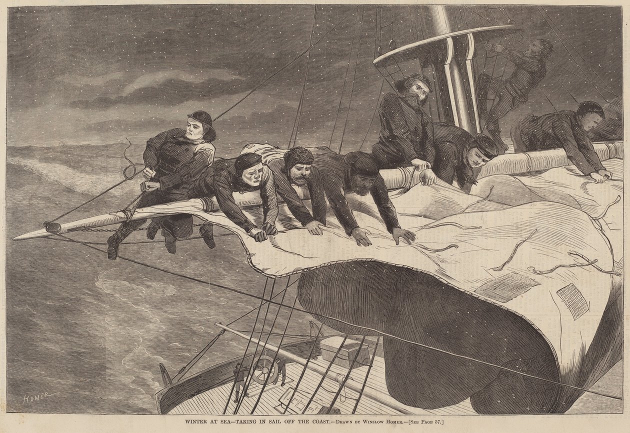 Zima na morzu – żeglowanie z wybrzeża autorstwa after Winslow Homer