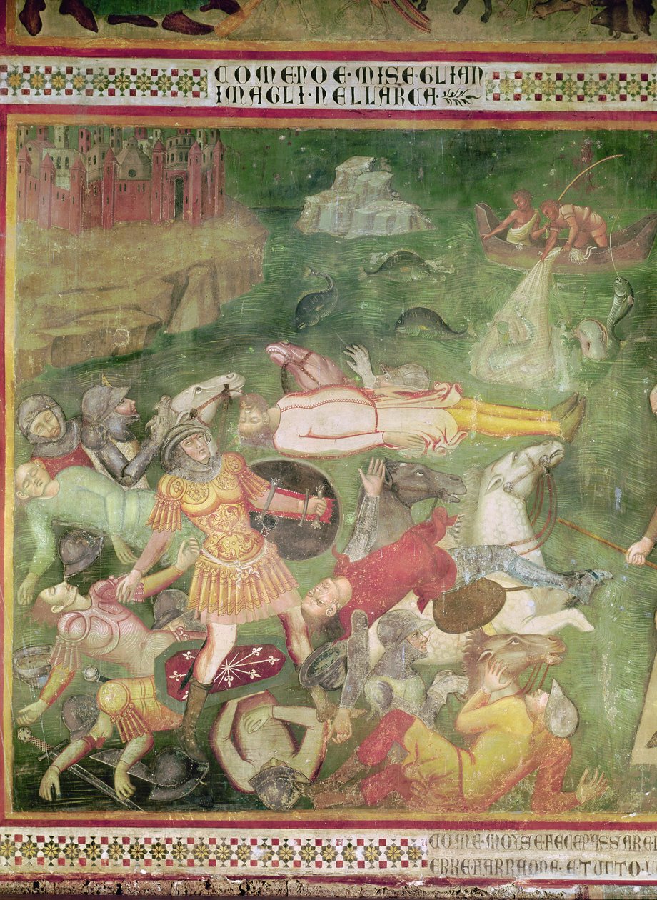Przejście przez Morze Czerwone, fragment faraona tonącego z jego armią, ze Scen ze Starego Testamentu, 1356-67 autorstwa also Manfredi de Battilori Bartolo di Fredi