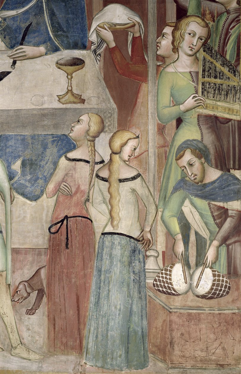 Szatan proszący Boga, by skusił Hioba, fragment muzyków, 1356-67 autorstwa also Manfredi de Battilori Bartolo di Fredi