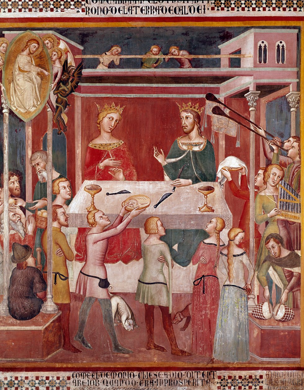 Jak Demon poprosił Boga, aby spróbował Hioba w czasie jego prosperującego fresku Bartolo di Fredi (lub Manfredi De Battilori) (1330-1410) Collegiale de San Gimignano Włochy autorstwa also Manfredi de Battilori Bartolo di Fredi